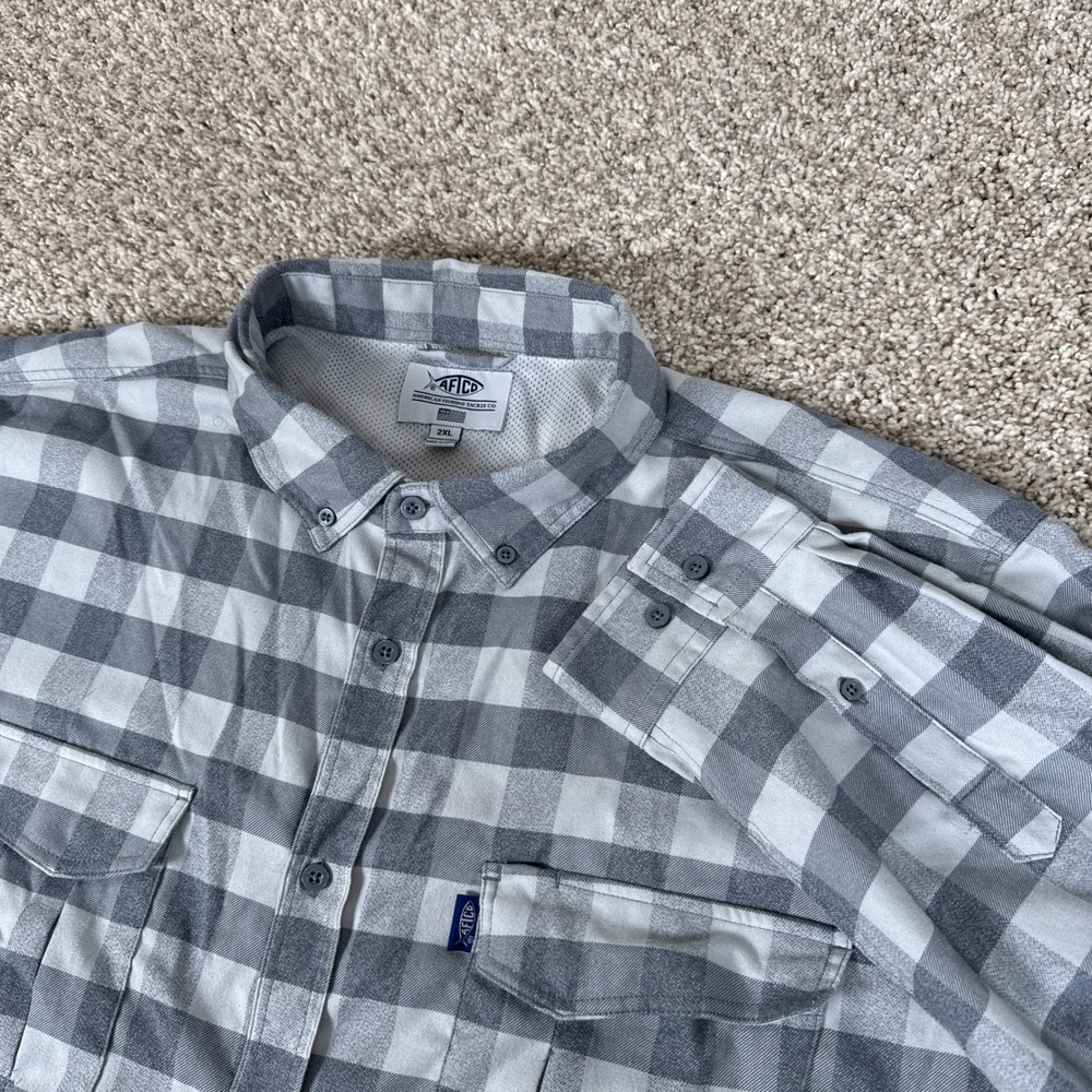 AFTCO Shirt‎ Mens 2XL Grey Buffalo Plaid Performance Long Sleeve Vent Fishing